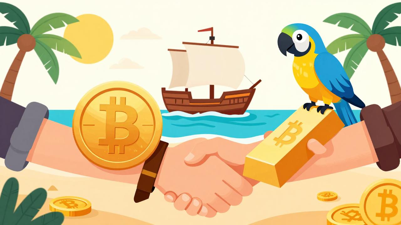 Pirati che si stringono la mano su un mare caraibico, con bitcoin e un tesoro
